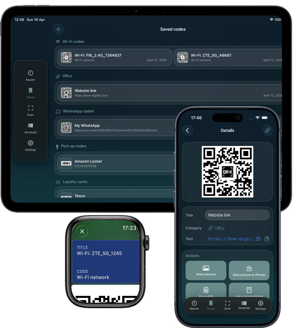 QR-K on iPhone — scan, generate, and organise codes